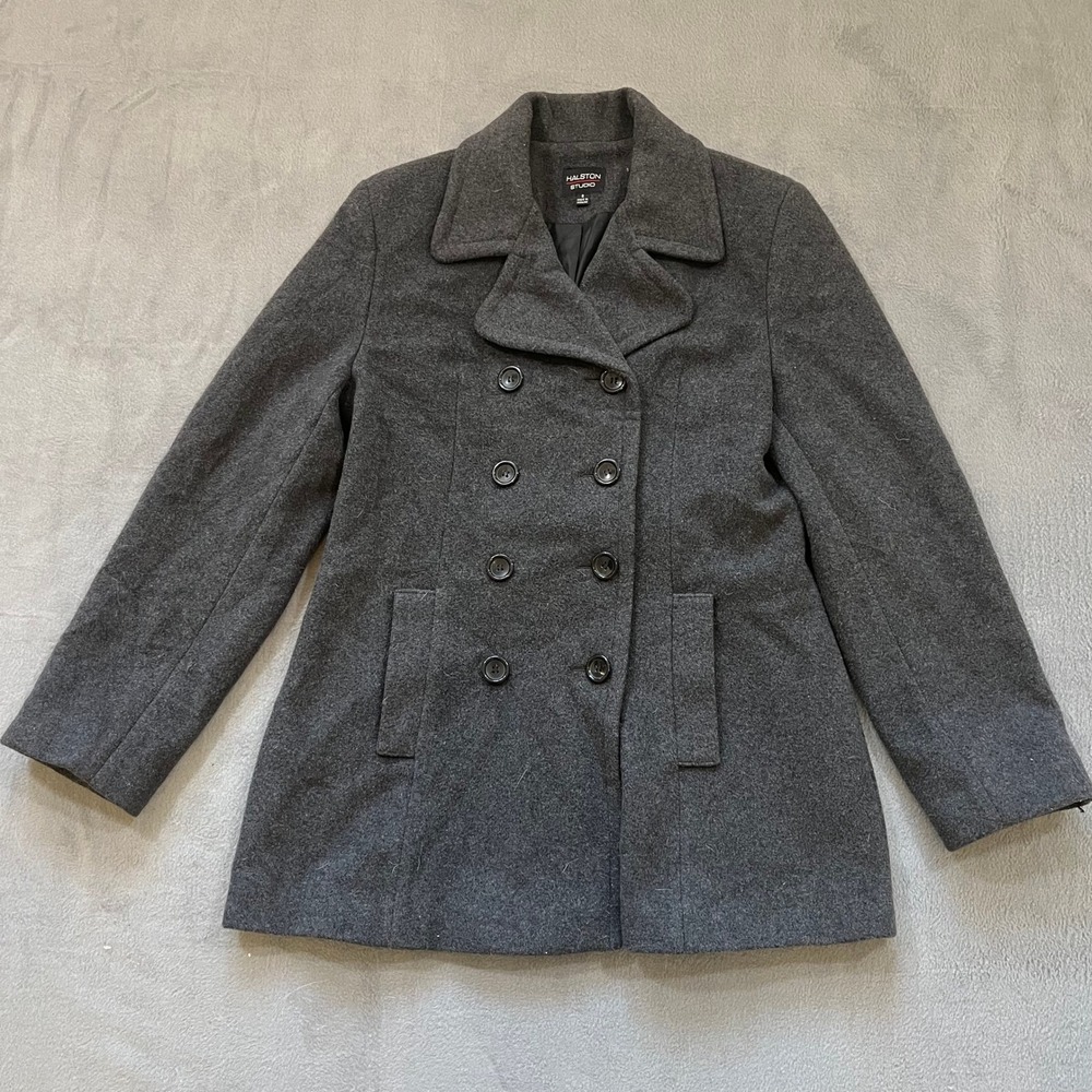 Halston Studio Women's Size 6 Gray Wool Double Breasted Peacoat Trench‎ Winter